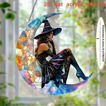 7.8inch Moon Witchs Suncatcher Acrylic Stained Glass Window Hanging Wall Art Ornament Halloween Window Suncatchers Garden Home Indoor Outdoor Decor for Women Friends Party Gift
