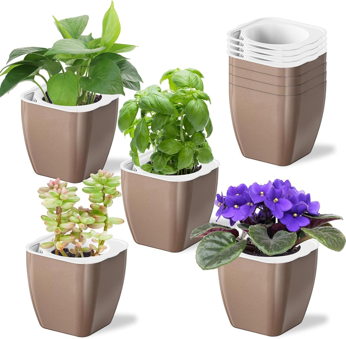8 Pack Self Watering Pots 4-inch Decorative Flower Planters for Indoor Plants Modern Square planters for Small Plants Window Sill Planters for Succulents, African Violets, Herbs(Sliver Gold)