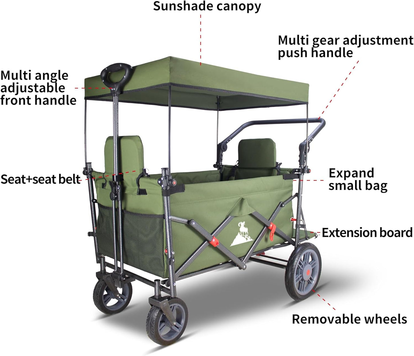 Collapsible Foldable Wagon Cart with Quick-Release Wheels & 2 Seats - Heavy-Duty Utility Wagon 265LBS Capacity for Camping, Garden, Shopping (Green)