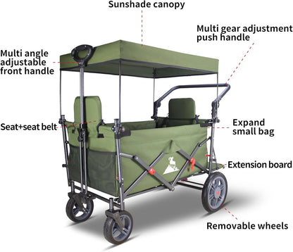 Collapsible Foldable Wagon Cart with Quick-Release Wheels & 2 Seats - Heavy-Duty Utility Wagon 265LBS Capacity for Camping, Garden, Shopping (Green)
