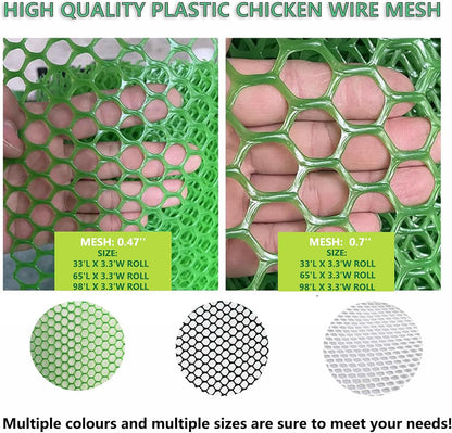 XIFENG Plastic Wire Mesh Fence Roll for Poultry Dogs Rabbit Snake Barrier, Plastic Chicken Fence Wire Fencing Mesh Poultry Netting for Garden Farm(Size:0.7in mesh-65ft L x 3.3ft W Roll,Color:White)