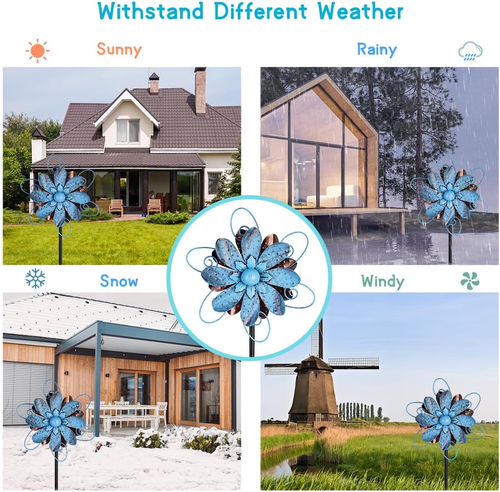 Wind Spinners Outdoor, Metal Flower Garden Pinwheels, Garden Wind Sculptures & Spinners for Yard Lawn Patio Decor - Blue