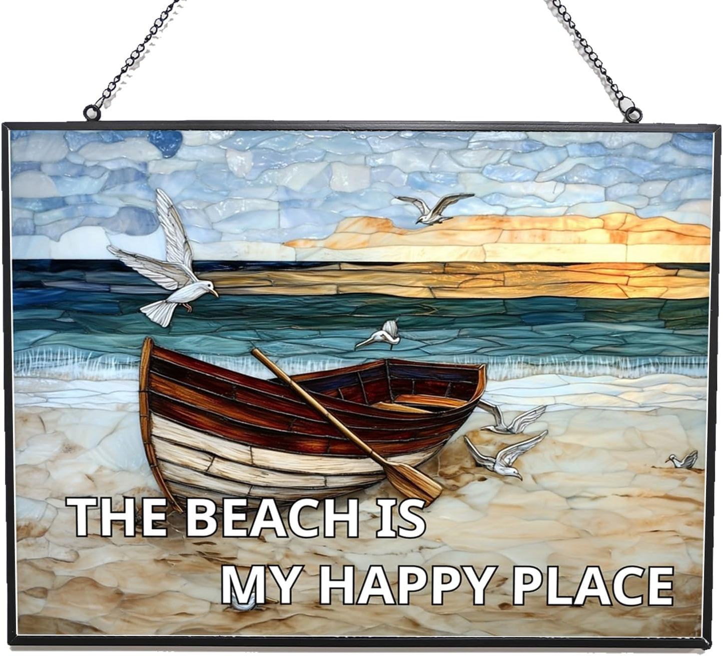 Rectangle The Beach is My Happy Place Stained Glass Suncatcher Window Hanging, Gothic Dragon Christmas Ornaments for Fiction Lovers, Dinosaur Room Decor for Nursery New Home Gifts
