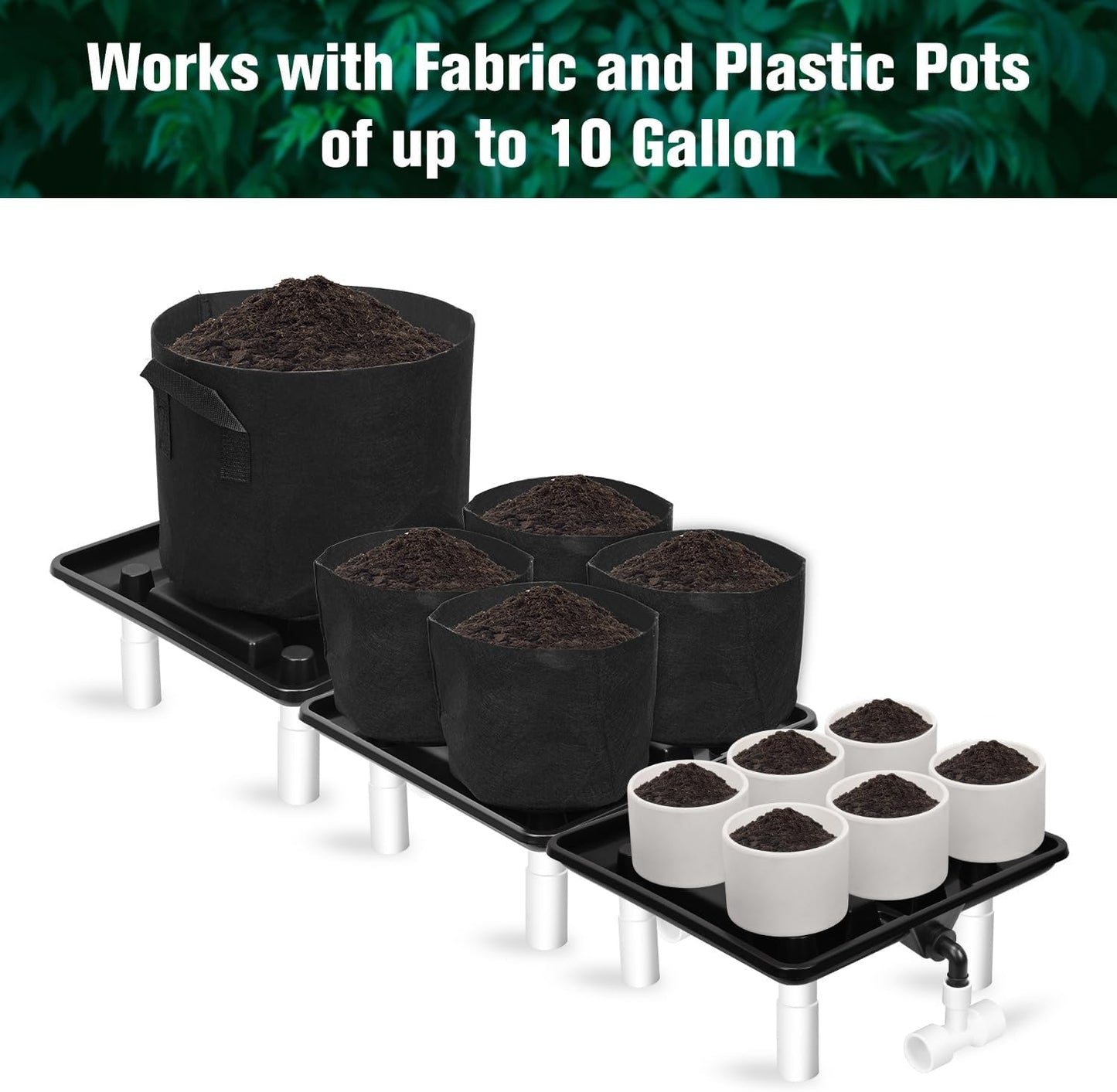 Ez-Pz Runoff Trays 15.5in Garden Flood and Drain Plant Base with PVC Legs and Drain Fitting, Elevated Plant Saucers for Use in Indoor Grow Tents, Greenhouses, and Outdoor Gardens