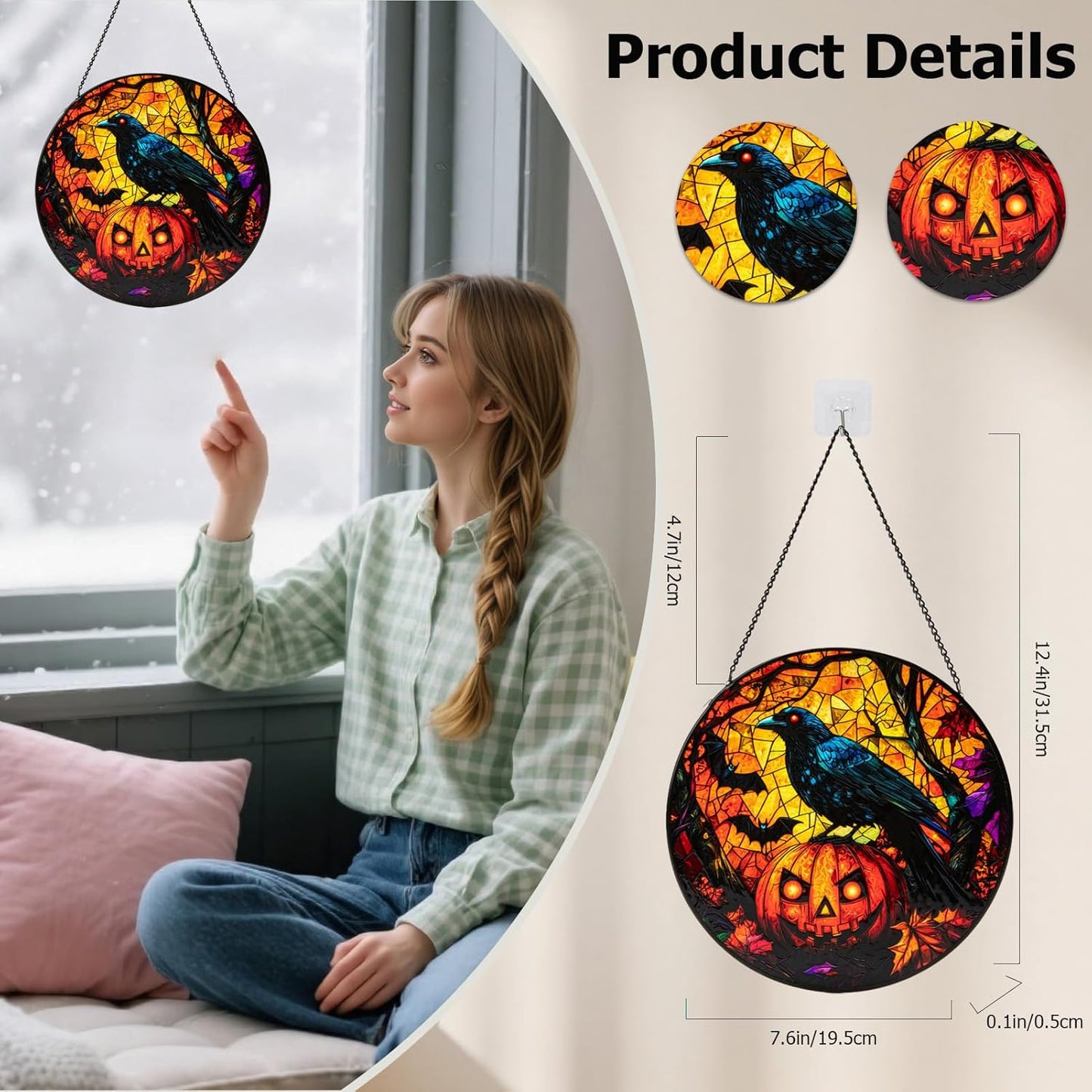 Stained Glass Window Hanging, Halloween Decorations Evil Crow Pumpkin Maple Leaf Suncatcher for Doors Garden Indoor Funny Spooky Sun Catchers Gothic Decor for Women, Men, and Mom 8 in