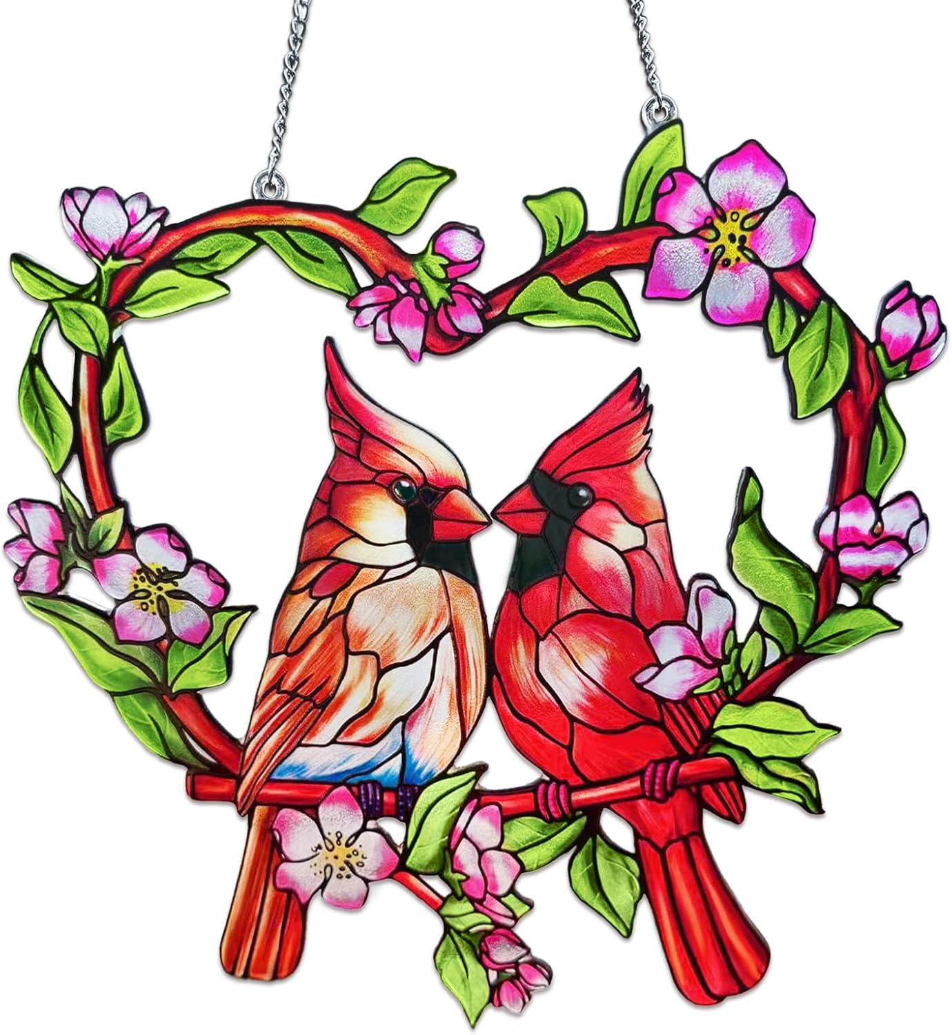 Stained Glass Window Hanging Cardinal Suncatcher,velaboll 10 inch Cardinal Decor for Home Decor, Garden, Patio, Gift for Nature and Bird Lovers