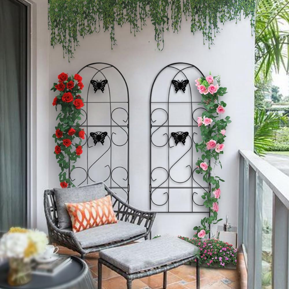 AMAGABELI Garden & Home 4 Pack Garden Trellis for Climbing Plants 60" x 18" Black Iron Trellis for Potted Plant Support Butterfly Metal Trellis for Climbing Roses Vine Flower Cucumber Clematis GT02
