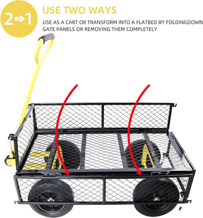 Heavy Duty 480 Lbs Capacity Mesh Steel Garden Cart Folding Utility Wagon with Removable Sides (Black+Yellow)