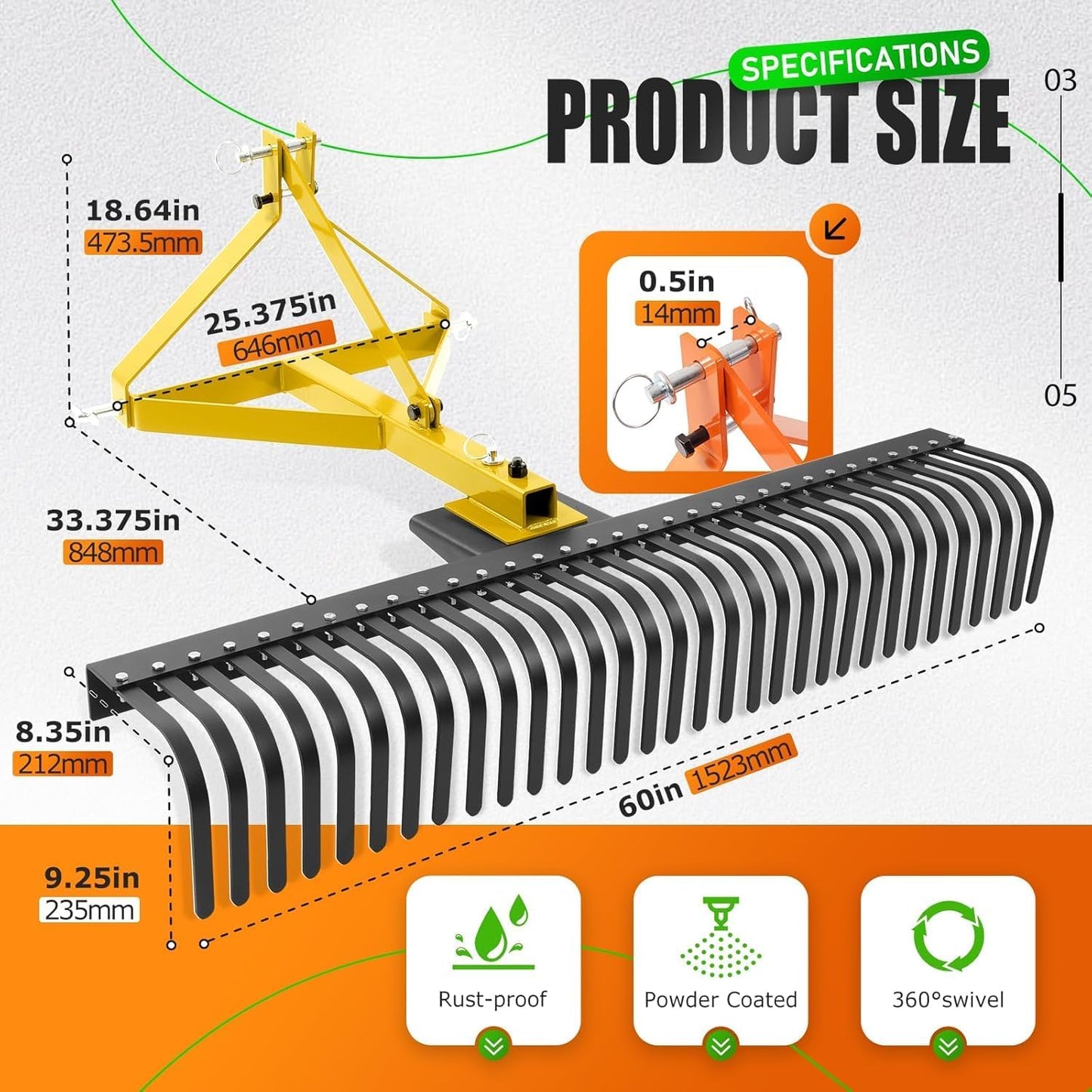 KUAFU 60In Landscape Rake, 3 Point Rake, 360 Rotation Compatible with Category 1, Cat1 Tractors Tow-Behind Garden Tool for Garden, Farm, Clearing Brush, Raking Arenas 2 Package Yellow