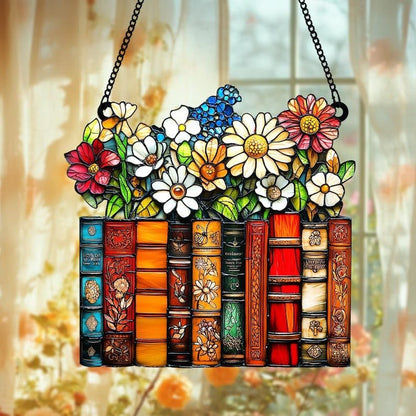 Wildflowers and Books Acrylic Suncatcher Ornament Window Hanging Book Lover Librarian Housewarming Gift
