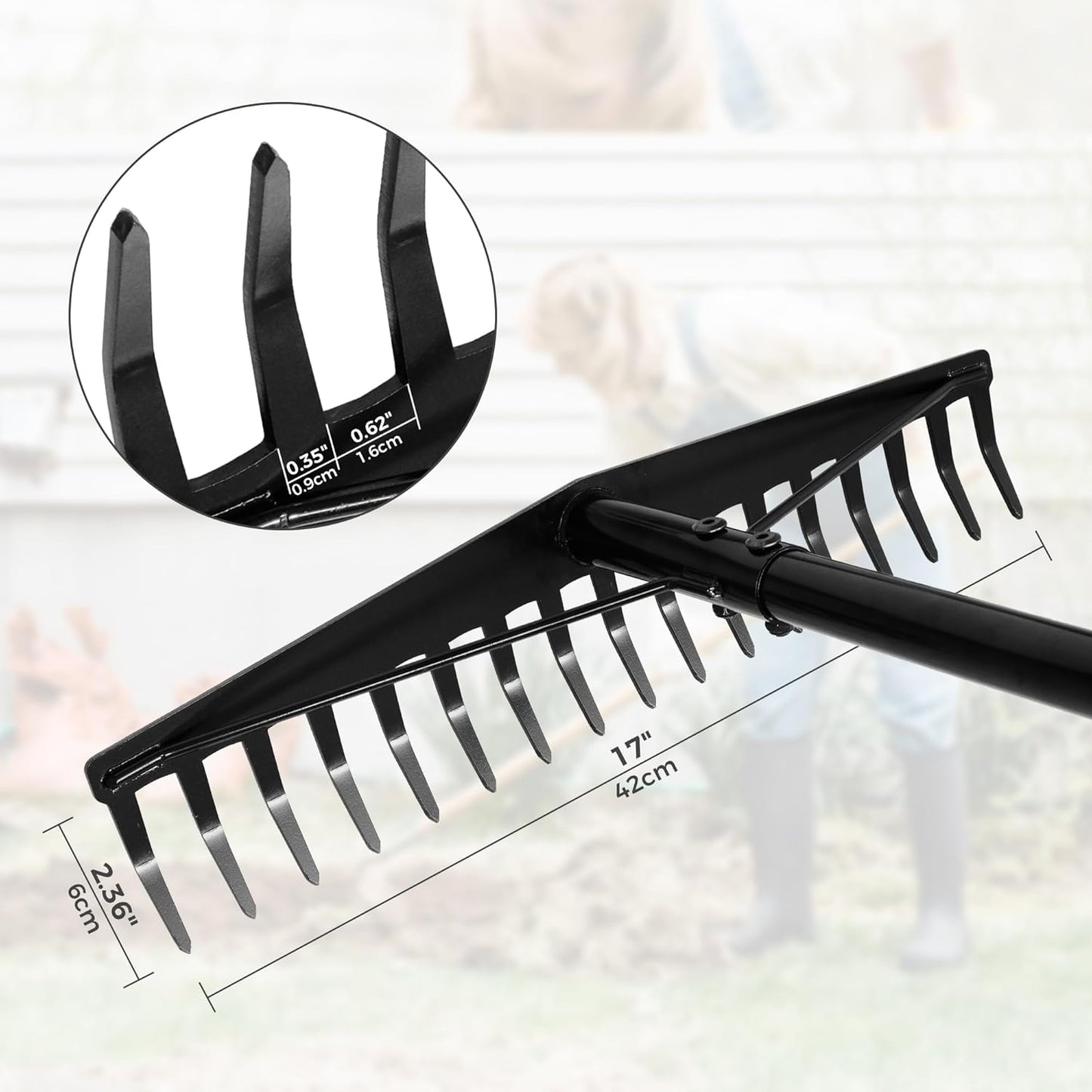5.4FT Bow Heavy Duty Wide Metal Garden Lawn Rake, 17 Inch Garden Leaf Rake, for Loosening Soil, Raking Leaf, Leveling Rocks, Spreading Mulch Gravel, Rustproof Metal Rakes Garden Tools