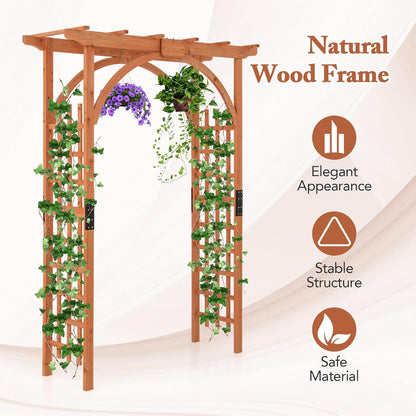 Happygrill Wood Garden Arbor, 84 Inch Outdoor Archway Pergola w/Decorative Hanging Roof & Side Climbing Trellis, Garden Arch for Climbing Plants, Wedding Ceremony Decoration, Lawn, Party