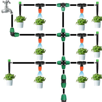 Upgraded 1/4" Drip Irrigation Fittings：50 Pieces Set-20 Couplings 15 Tees 10 Elbows 5 End Plugs, Leak Free Barbed Locked Nut Connectors for 1/4 Inch Irrigation Tubing