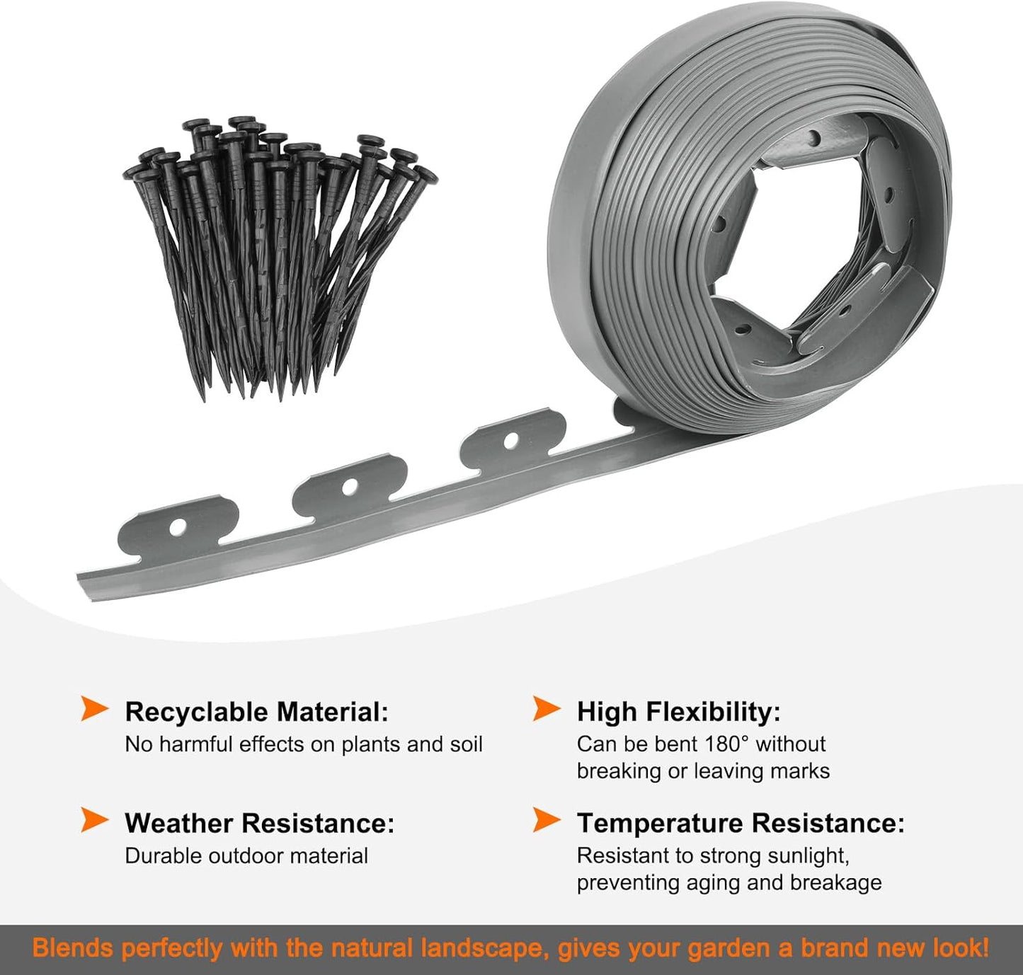 Garden Edging - 33 Feet Plastic Landscaping Edging Border with 30 PCS Spikes Apply to Flower Beds/Grass Lawn/Yard (33FT x 1.57IN, Gray)