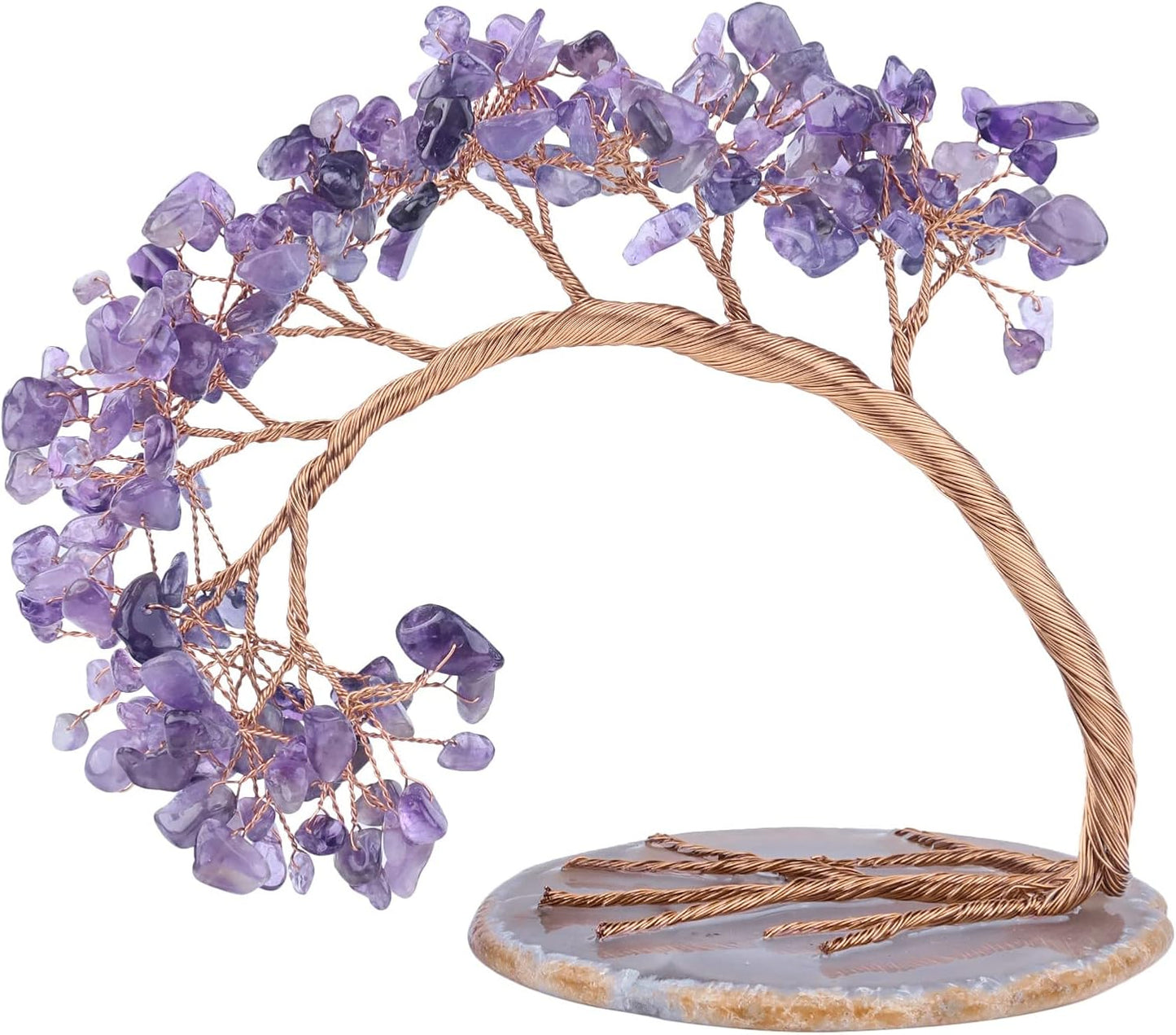 TUMBEELLUWA Reiki Crystal Money Tree with Agate Slice Base Feng Shui Stone Bonsai Tree Figure Decor for Happiness Good Luck and Wealth, Amethyst Stones