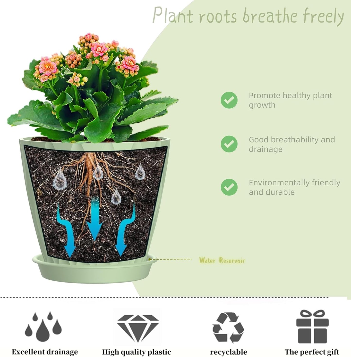 4 Inch Plant Pots, 6 Pack Indoor Flower Pots, Planters with Drainage Holes and Trays for Orchids, Violets, Succulents, Herbs, and Other Plants,Green