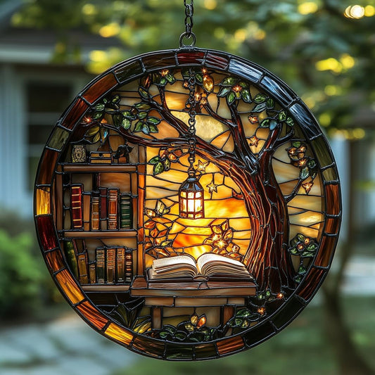 Forest Library Bookshelves Acrylic Suncatcher Stained Glass Effect Window Car Hanging Christmas