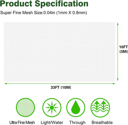 Garden Netting 10x33Ft, Ultra Fine Plant Cover, Insect Netting Barrier Mesh for Plants Vegetables Fruits Flower, Row Covers Raised Bed Protection Net, Birds Animals Screen