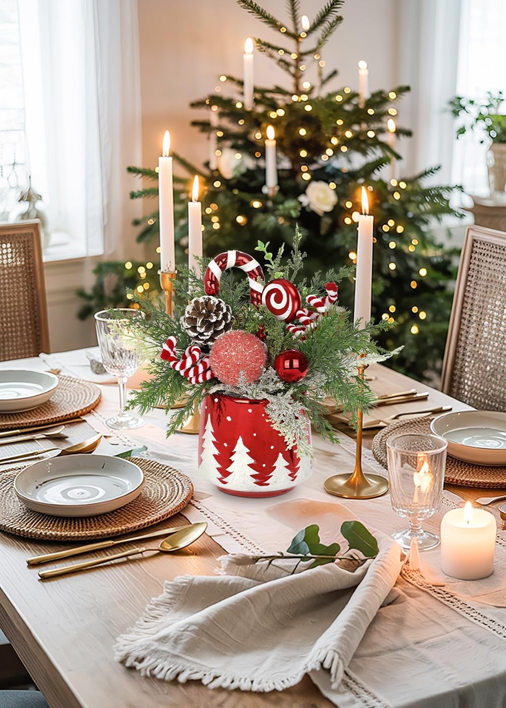 Christmas Centerpieces for Tables, Small Christmas Table Arrangements with Ceramic Vase Red & White Winter Holiday Table Centerpiece with Pine Branches Candy Cane Decor for Tabletop Dinner Tables