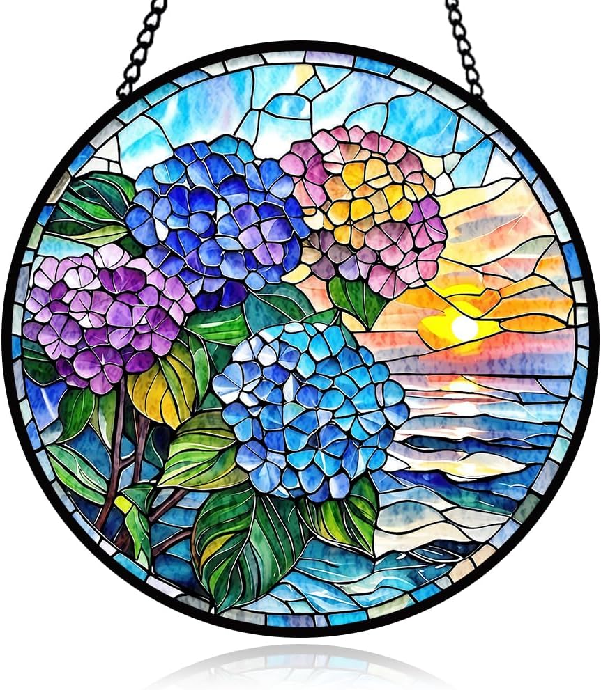 Floral Stained Glass Window Hanging, Flower Suncatcher Window Hanging Ornament, Diamond Glass Ornament Decor, Botanical Glass Panel, Home Decoration Gifts for Housewarming, Wedding, Birthday Parties