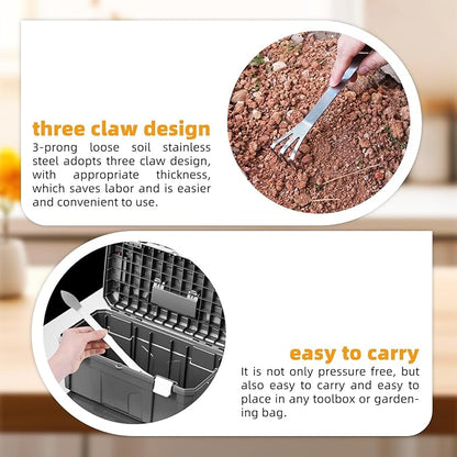 Stainless Steel Root Rake，Stainless Steel 3 Prong Root Rake Pick Loosen Soil Bonsai Tree Tool Set for Gardening Plants