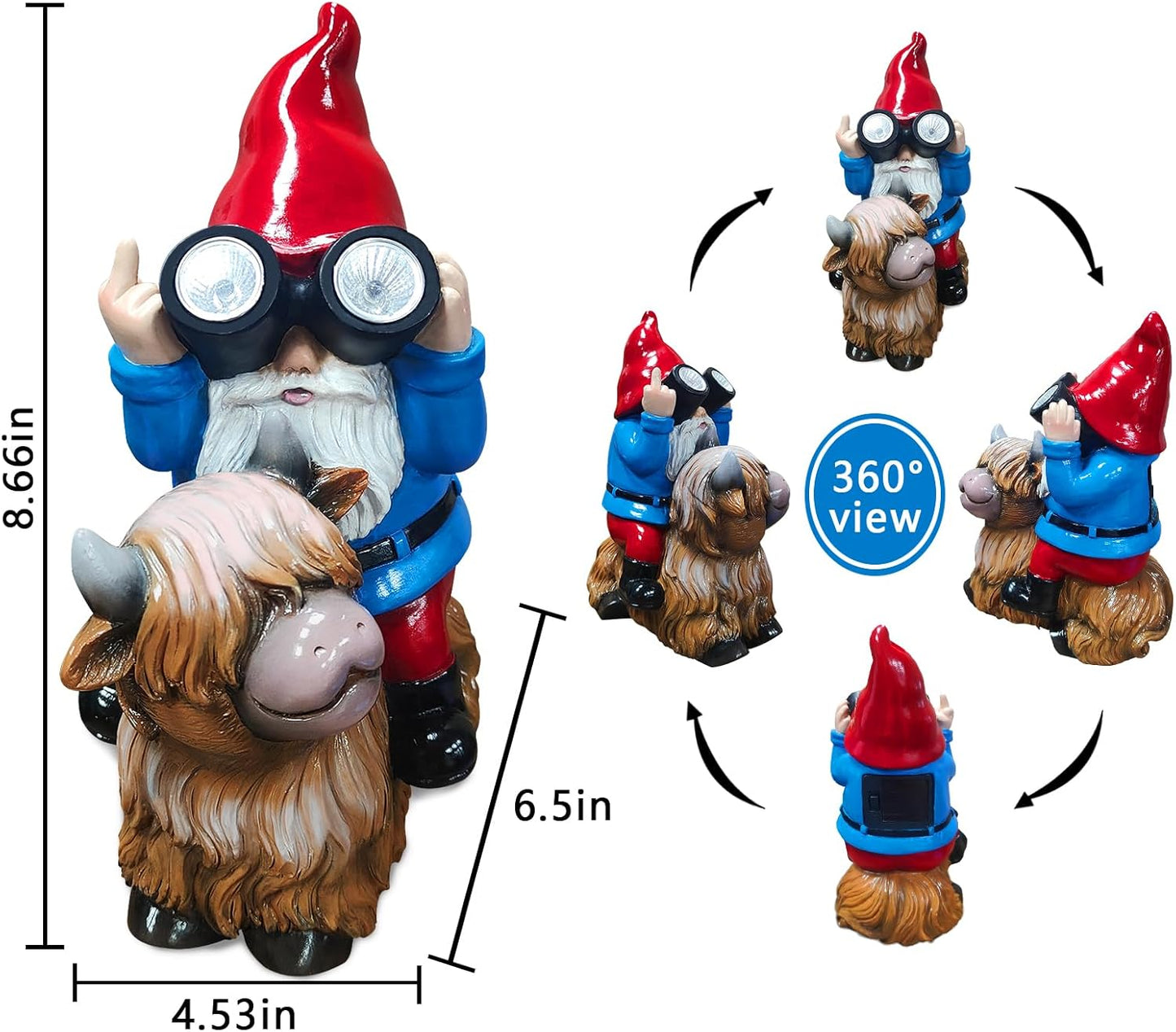 Gnome Garden Statue Solar Lights Outdoor Binoculars on Highland Cow,Birthday Gifts for Women/Men, Housewarming Gifts,Outdoor Decor for Balcony,Garden,Patio,Yard,Lawn(Cow Gnome)