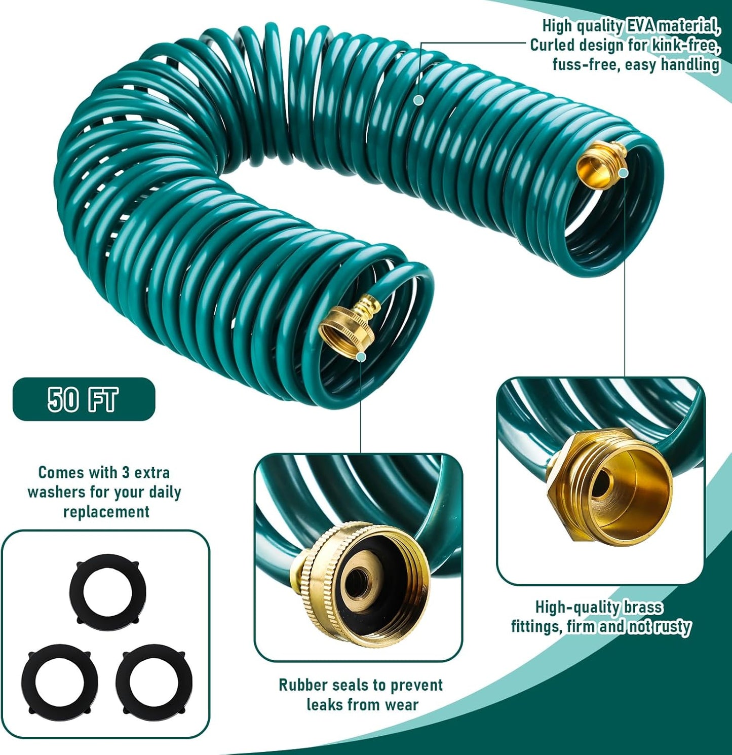 Pangda 50 Ft x 3/8'' Coil Garden Hose EVA Recoil Garden Self Coiling Expanding Water Hose with 6 Function Spray Nozzle Universal 3/4'' Brass Connector Fitting for Outdoor Yard(Green)
