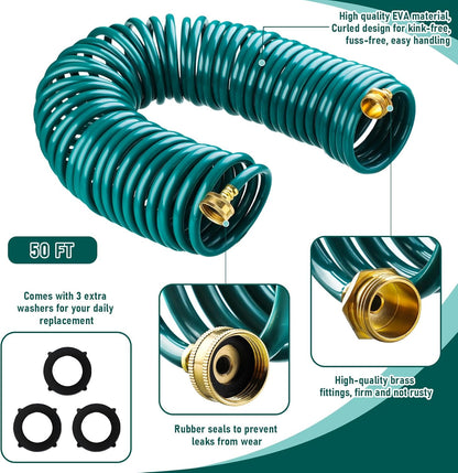Pangda 50 Ft x 3/8'' Coil Garden Hose EVA Recoil Garden Self Coiling Expanding Water Hose with 6 Function Spray Nozzle Universal 3/4'' Brass Connector Fitting for Outdoor Yard(Green)