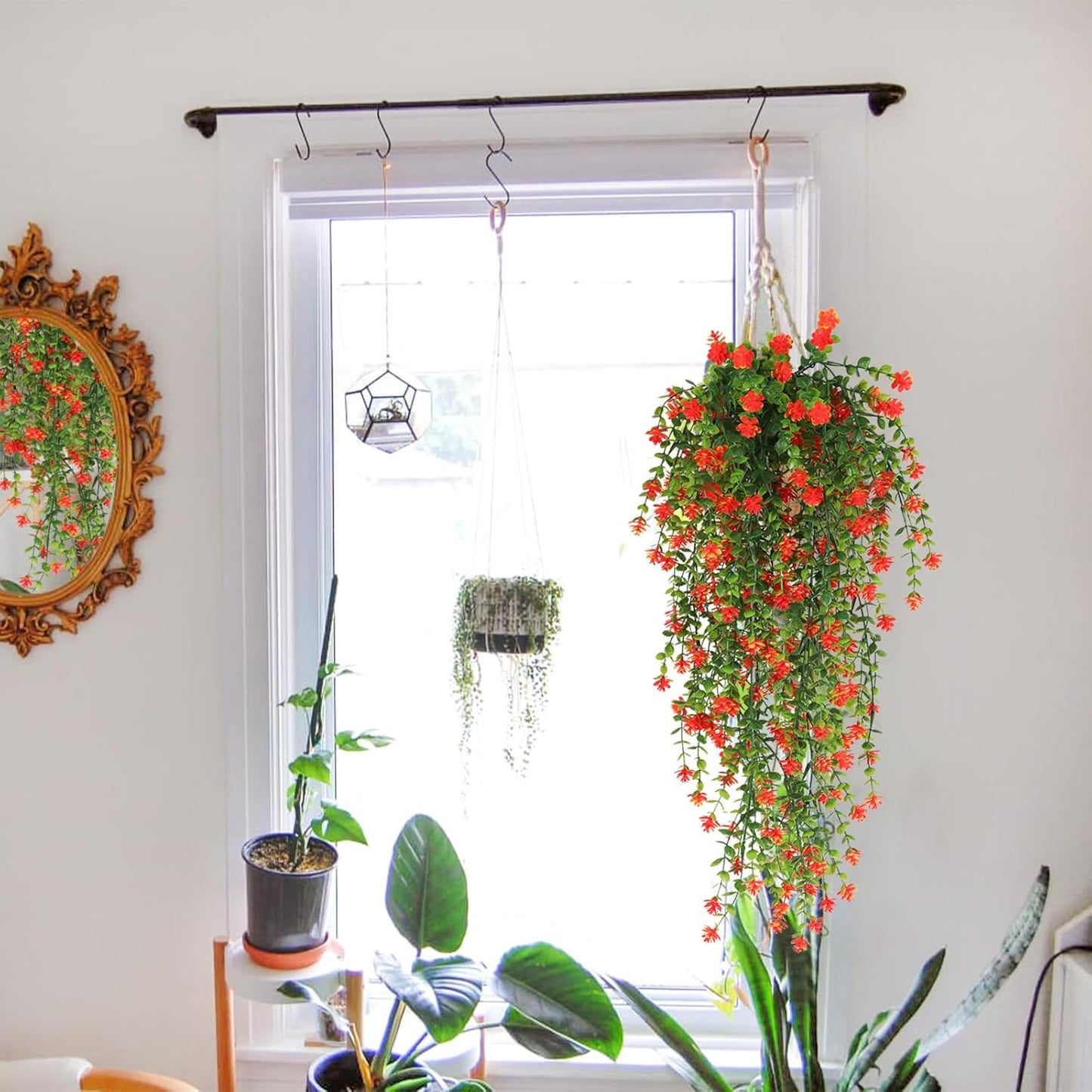 SJL Fall Artificial Hanging Plant Fall Faux Eucalyptus Leaf Fake Hanging Vines UV Resistant Fake Mums for Outdoors Faux Autumn Plants for Home Indoor Outdoor Thanksgiving Decor (Orange)