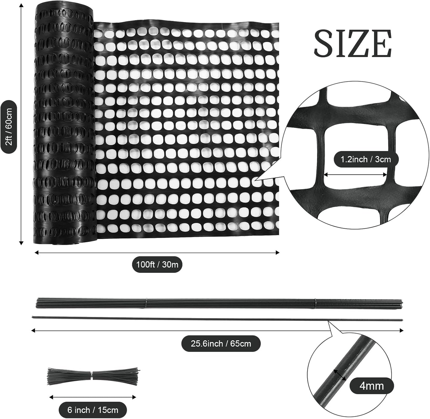 Plastic Garden Fencing Roll Safety Construction Barrier Outdoor Snow Mesh Fence Garden Netting, 1.2 Inch Mesh, Coated Iron Wire Support Stakes, Cable Ties for Garden (Black, 3.3 x 100 Feet)
