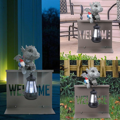 Bshine Dinosaur Garden Statue Outdoor Decor Solar Lights, Dinosaur Sculpture with Gnome Fence Hanging Solar Lantern, Housewarming Gift for Lawn Ornaments, Porch, Patio, Path, Backyard Decoration