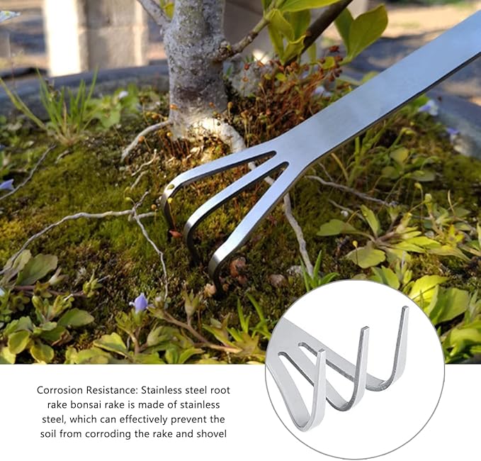 Stainless Steel Root Rake，Stainless Steel 3 Prong Root Rake Pick Loosen Soil Bonsai Tree Tool Set for Gardening Plants