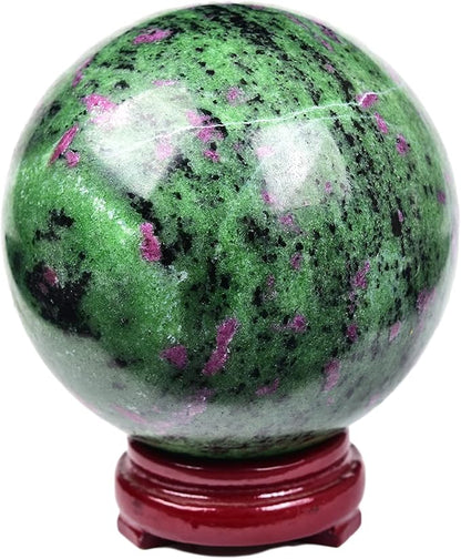 JIC Gem Large Gemstone Sphere Ball Ruby Zoisite Healing Crystal Ball Red&Green Crystal Sphere with Wood Stand Crystal Decorative Ball Home Decoration (90-100mm)