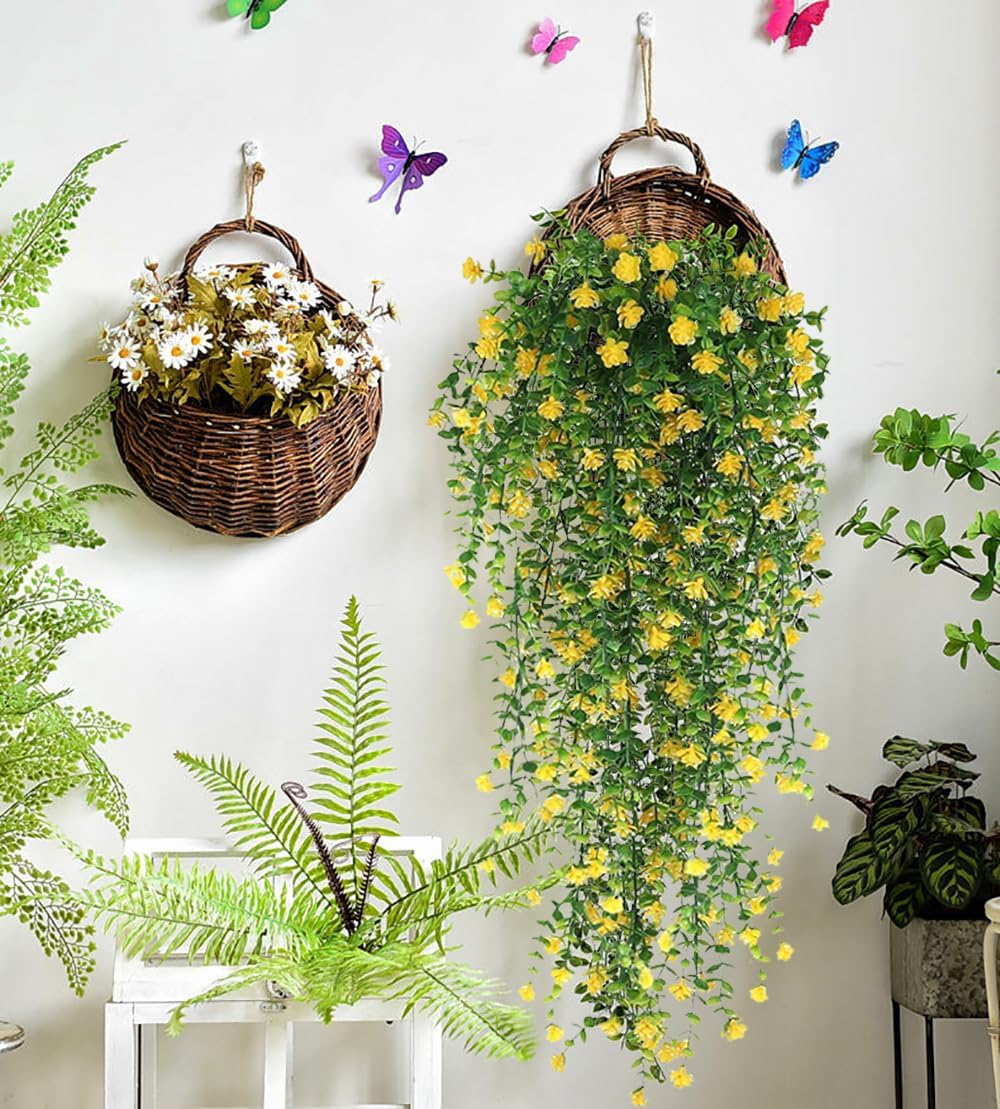 WEISPARK Artificial Hanging Flowers, 9pcs Fake Eucalyptus Vine Faux Flower Greenery Garland Plastic Plants for Indoor Outdoor Wall Garden Wedding Home Party Decor (9pcs Yellow)