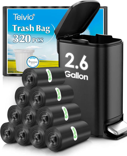 Teivio 2.6 Gallon 320 Counts Strong Trash Bags Garbage Bags, Bathroom Trash Can Bin Liners, Small Plastic Bags for Home Office Kitchen Kitchen (Black)