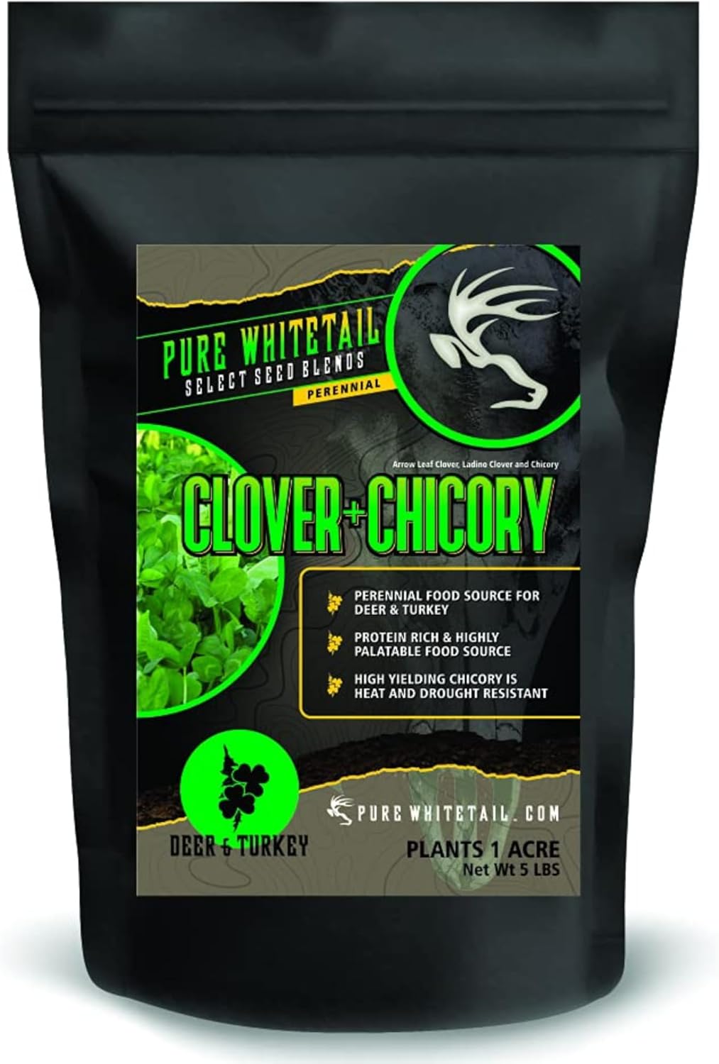 Pure Whitetail Clover/Chicory | Select Seed Blends | All Season Whitetail Deer & Turkey Perennial Food Plot Seed | Drought Resistant | Easiest Turkey & Deer Feeders | Plants 1 Acre | 5 lb Bag