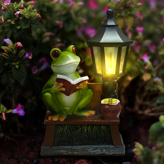 Frog Garden Statue Home Outdoor Decor - Solar Frogs Learning Sculptures Auto LED Waterproof Lights