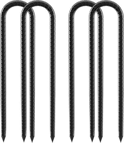 12inch Rebar Stakes, 4 Pack U Hook Ground Anchors, Heavy Duty Rust Proof Coated Steel Ground Stakes Ground Anchors, Garden Stake Metal Stakes Tent Stakes Trampoline Anchors Trampoline (Black)