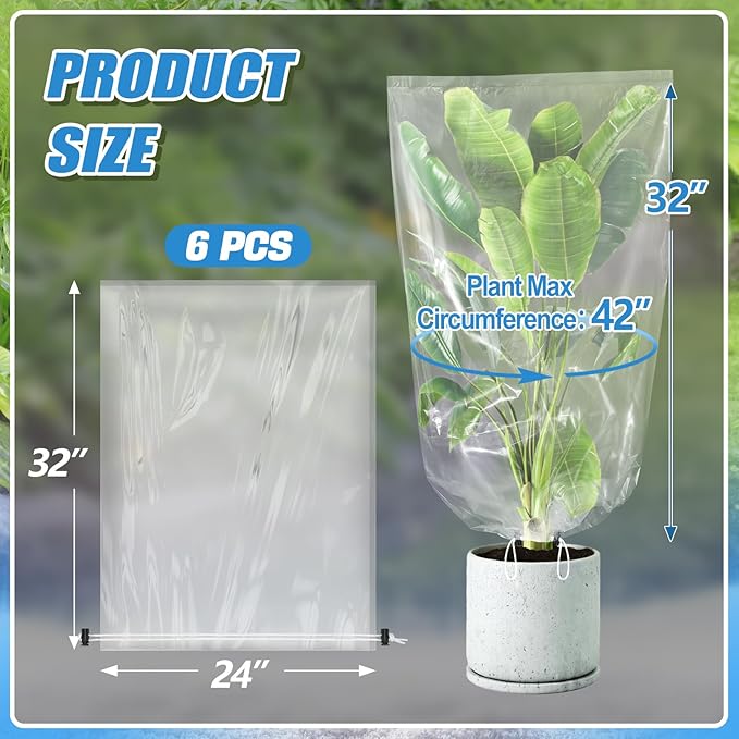 ANPHSIN 6 Pcs Winter Plant Cover Freeze Protection - 24" x 32" Plastic Plant Frost Bags with Drawstring, Transparent Waterproof Plant Shelter Coverings for Outdoors Garden Potted Plants