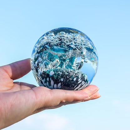 Decorative Crystal Ball Figurines Ocean Waves Paperweight Blown Glass Decor Sea Art Ocean Lovers Gift Green White 3.15"