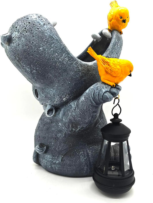 Large Hippo Solar Garden Outdoor Statues Hippo Planter Flowers Vase for Fresh/Artificial Hippo Figurine Garden Statue with Solar Lantern Bird Statue Hippo Gifts Housewarming Gift