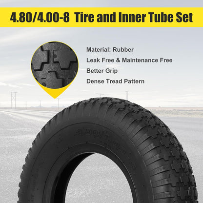 4.80/4.00-8 Tire and Inner Tube, Premium Rubber Wheelbarrow Replacement Parts for Hand Truck Lawn Mower Dollies Wagon Dolly Trailers Go Kart 2 Pack