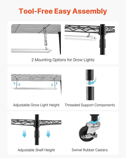 VEVOR Plant Shelf with Grow Light, 6-Tier Double-Row Plant Stand, 71in Tall Indoor Plants Display Rack with Wheels & Timer, 200W Full Spectrum Grow Lights, Metal Flower Pot Holder for Seed Starting