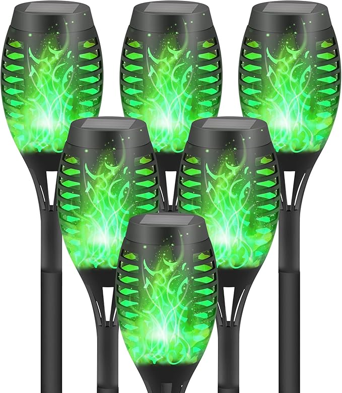 Solar Lights Outdoor Waterperoof Green,6 Pack Halloween Decorations Outdoor Solar Torches Lights Flickering Flame for Garden Decor,Halloween Lights Decor Outdoor for Yard,Halloween Decorations