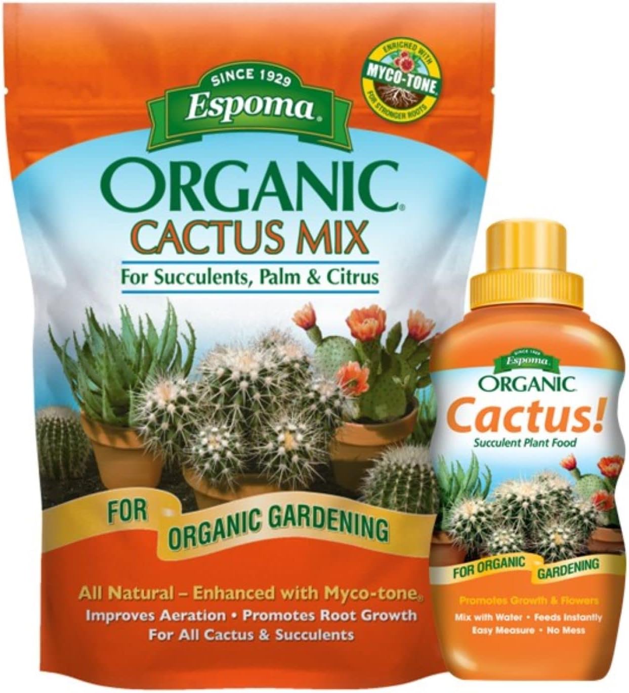 Espoma Organic Cactus Soil Mix 4qt Bag and Cactus! Liquid Plant Food Concentrate 8oz Bottle. Use for Cactus & Succulents - for Organic Gardening - Combo Pack