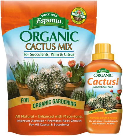 Espoma Organic Cactus Soil Mix 4qt Bag and Cactus! Liquid Plant Food Concentrate 8oz Bottle. Use for Cactus & Succulents - for Organic Gardening - Combo Pack