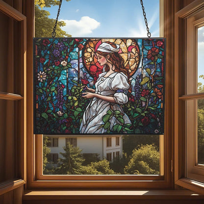 Customized Rectangle Art Nouveau Garden Nurse Stained Glass Window Hanging Suncatcher Stained Glass Home Decor Garden Halloween Christmas Party Wedding Housewarming Gifts