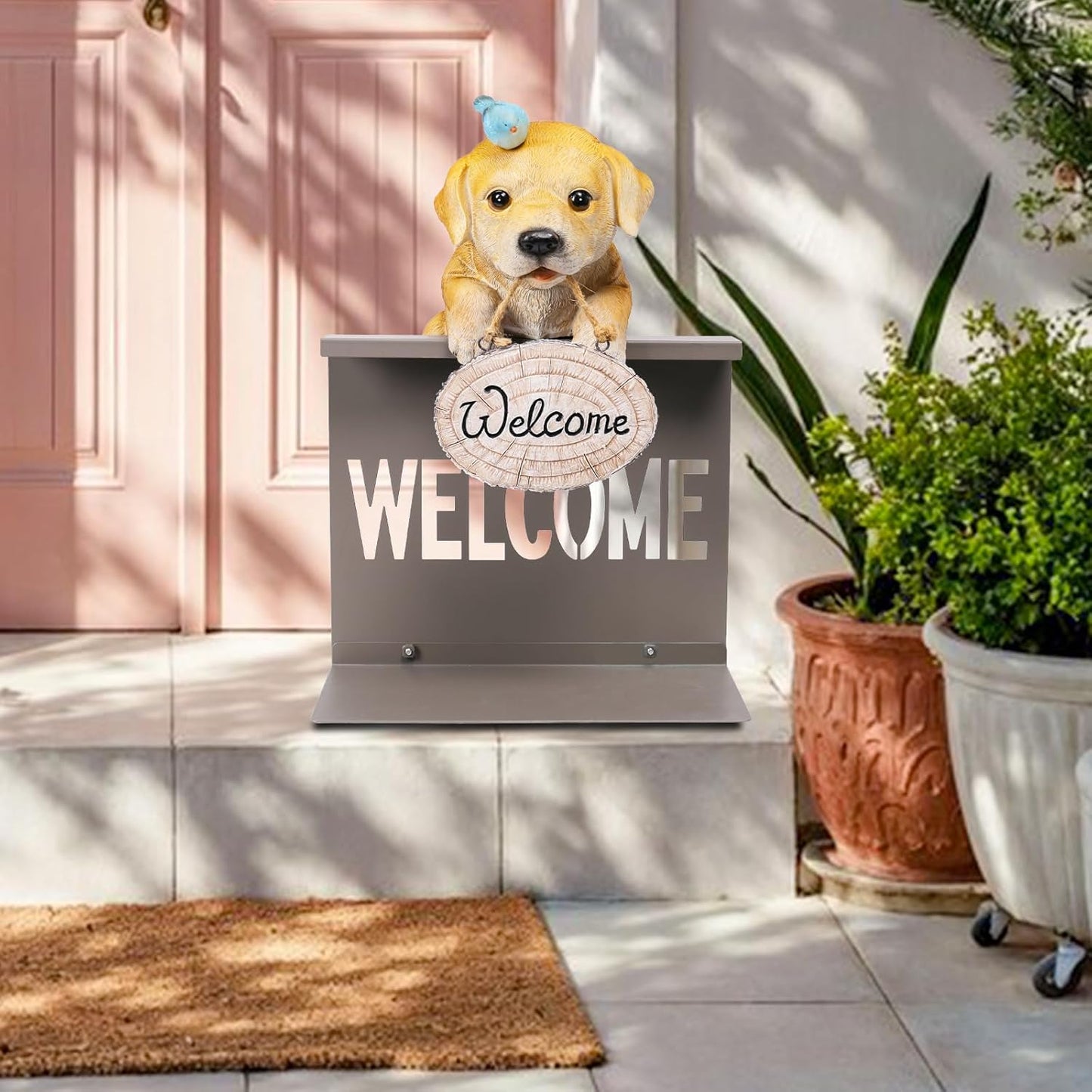 Garden Dog Statues with Solar Bird, Solar Labrador Puppy Statue with Welcome Fence Base Outdoor Sculptures Garden Decorations for Patio, Lawn, Yard, Housewarming Gifts for Mom Women Grandma