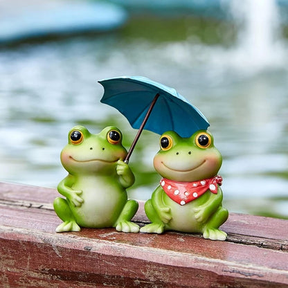 Frog Figurine with Umbrella, Decorative Outdoor Statue Set of 2,Collection Miniature Fairy Garden Home,Garden, Indoor Outdoor Decoration (A Pair of Frogs)