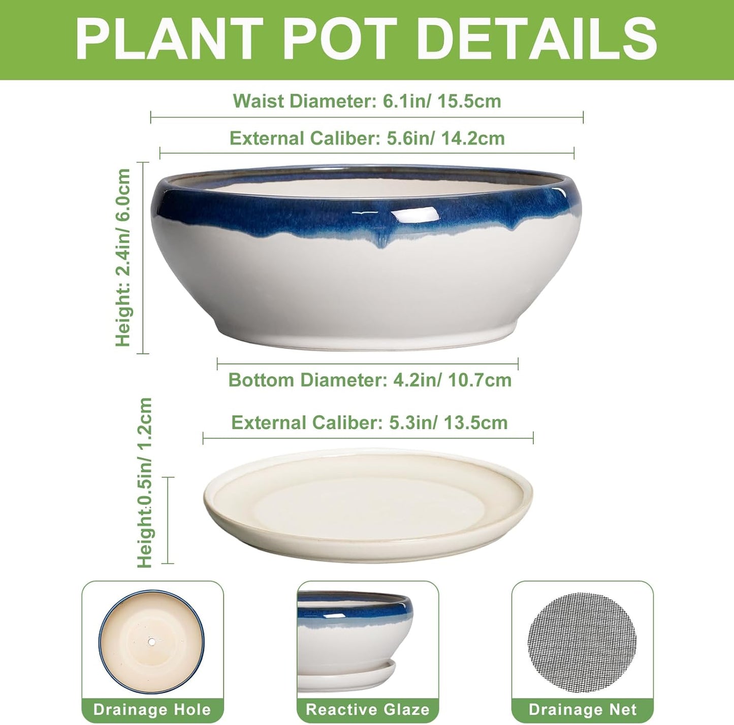 SQOWL Succulent Planters 6 Inch - Ceramic Bonsai Pots with Drainage Hole and Saucer, Round Shallow Planter for Indoor Outdoor Plants, Ceramic Cactus Pot, Apartment Decor, Gifts for Women, Blue-Beige